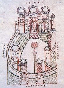 מפת ארקולף (670) ובה מתוארת ירושלים עם חומה בעלת שערים ומגדלים ובמרכזה עמוד עם צלב ותמונת ישו המסמלת אל כנסית הקבר.