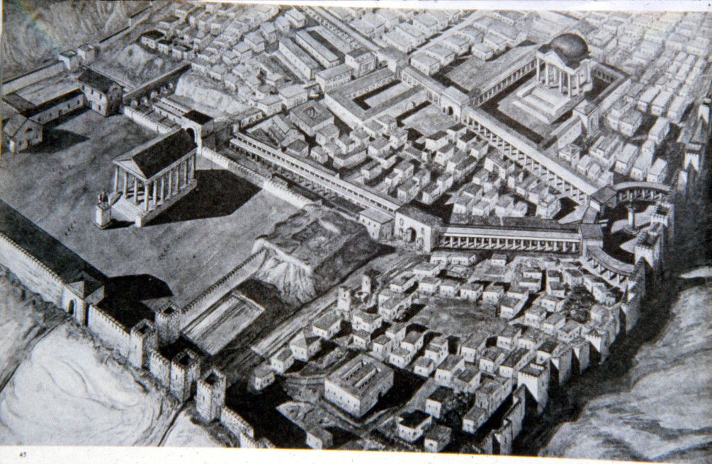 הדמיה של העיר איליה קפיטולינה (במרכז בולטים הקרדו והדקומנוס)